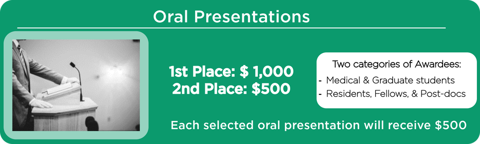 Oral Presentations. 1st place one thousand dollar award. 2nd place is awarded 500 dollars. Two cateogories of awardees. Medical & Graduate students, as well as residents, fellows, & post-docs